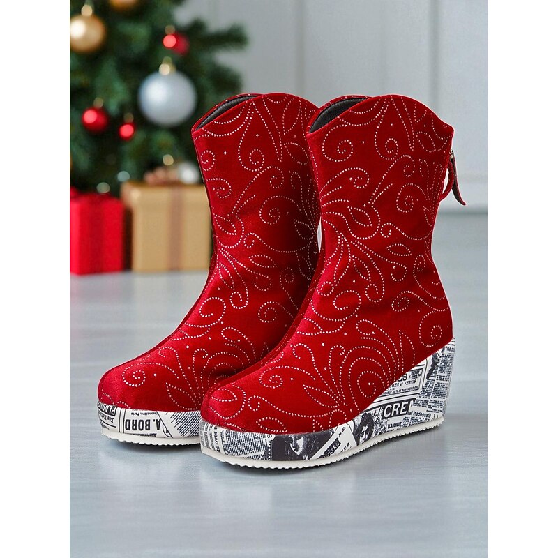Women's Red Velvet Wedge Ankle Boots with Glitter Rhinestone Design and Printed Sole, Fashion Winter Party Shoes for Christmas & Night Out2
