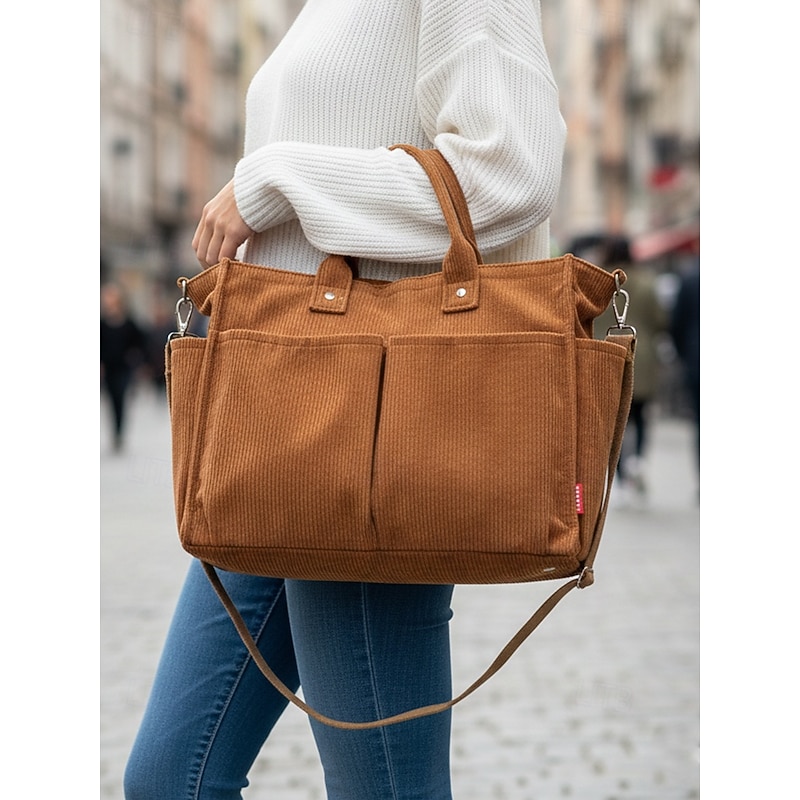 Women's Corduroy Tote Bag with Multiple Pockets, Casual Vintage Shoulder Handbag, Large Capacity Crossbody Purse for Daily Use, Work, Travel & Shopping3