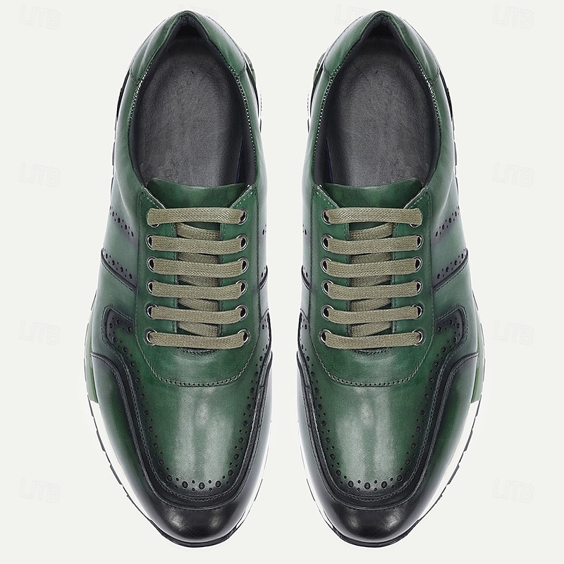 Men's Green Genuine Leather Brogue Sneakers with Wingtip Detailing and Rubber Sole, Stylish Casual Dress Shoes for Business Travel and Everyday Wear4