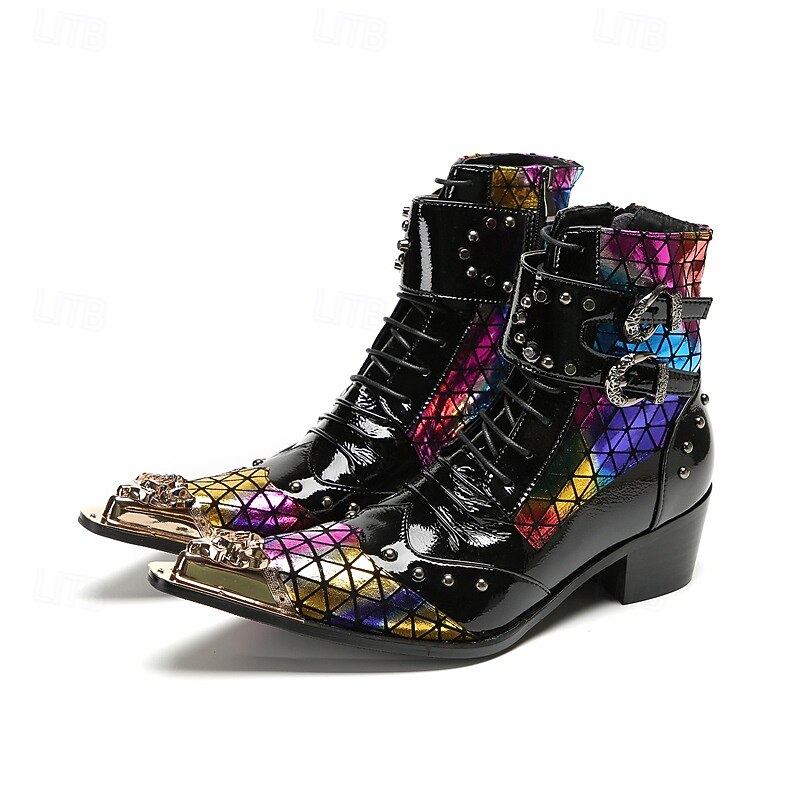 Men's Black Genuine Leather Multicolor Geometric Pattern Cowboy Boots with Studs and Buckles, 100% Cowhide Western Ankle Boots for Concerts and Rock Stage Fashion4