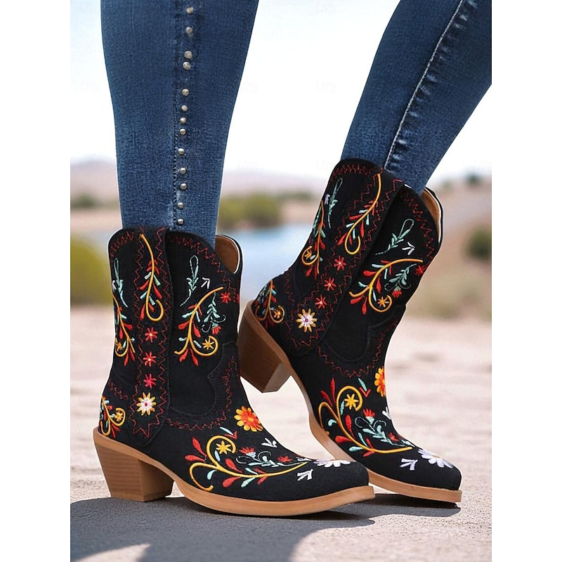 Women's Red Embroidered Western Cowboy Mid-Calf Boots with Block Heel, Stylish Vintage Rodeo Cowgirl Booties for Festivals, Parties & Country Concerts