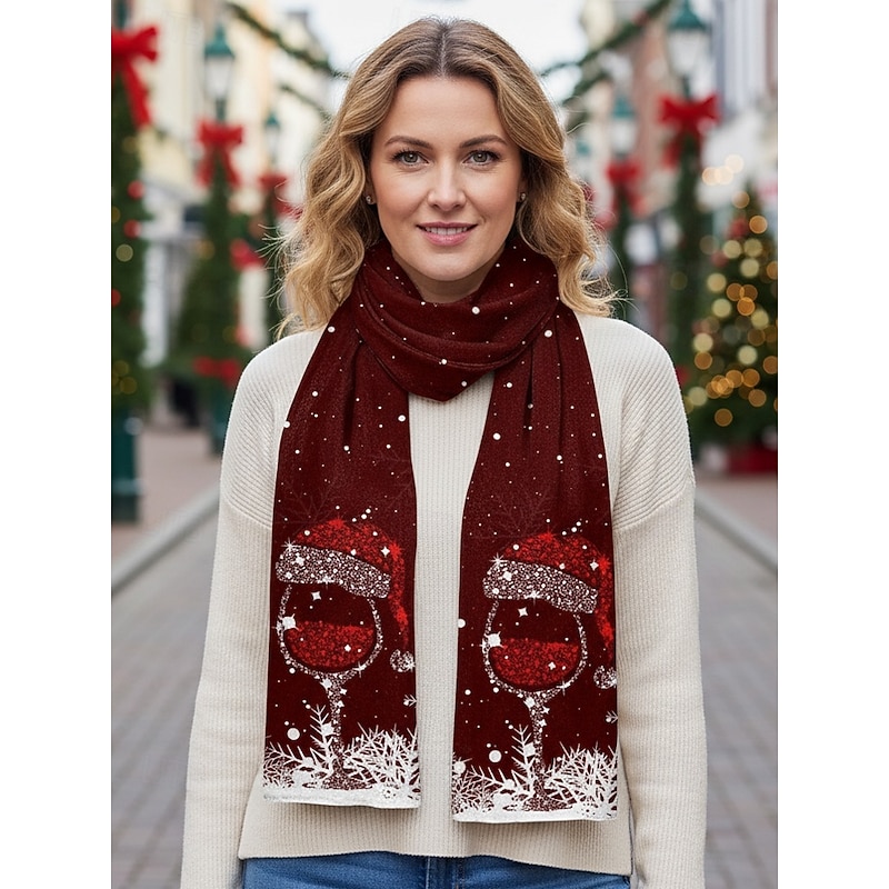 Women's Christmas Wine Glass Scarf, Soft Winter Shawl with Santa Hat Print, Cozy Holiday Neck Wrap for Festive Parties & Gifts, Multiple Colors