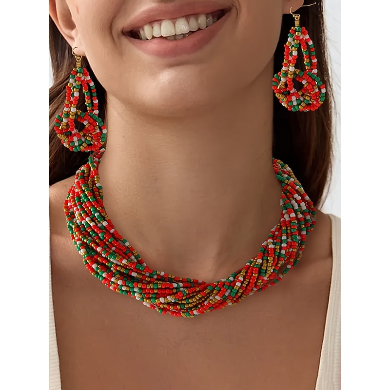 Women's Multicolor Beaded Necklace and Earrings Set, Festive Handmade Jewelry for Christmas Party & Holiday Outfits
