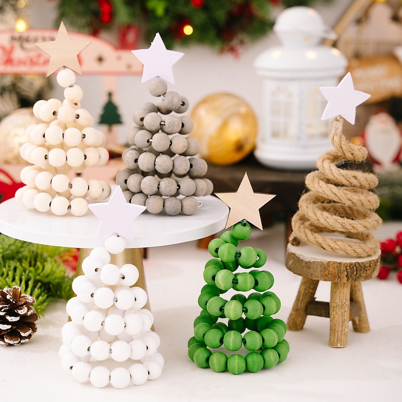 1pc Christmas Wood Bead Tree, Creative Nordic Wooden Xmas Tree Desktop Ornament, Holiday Table Decoration