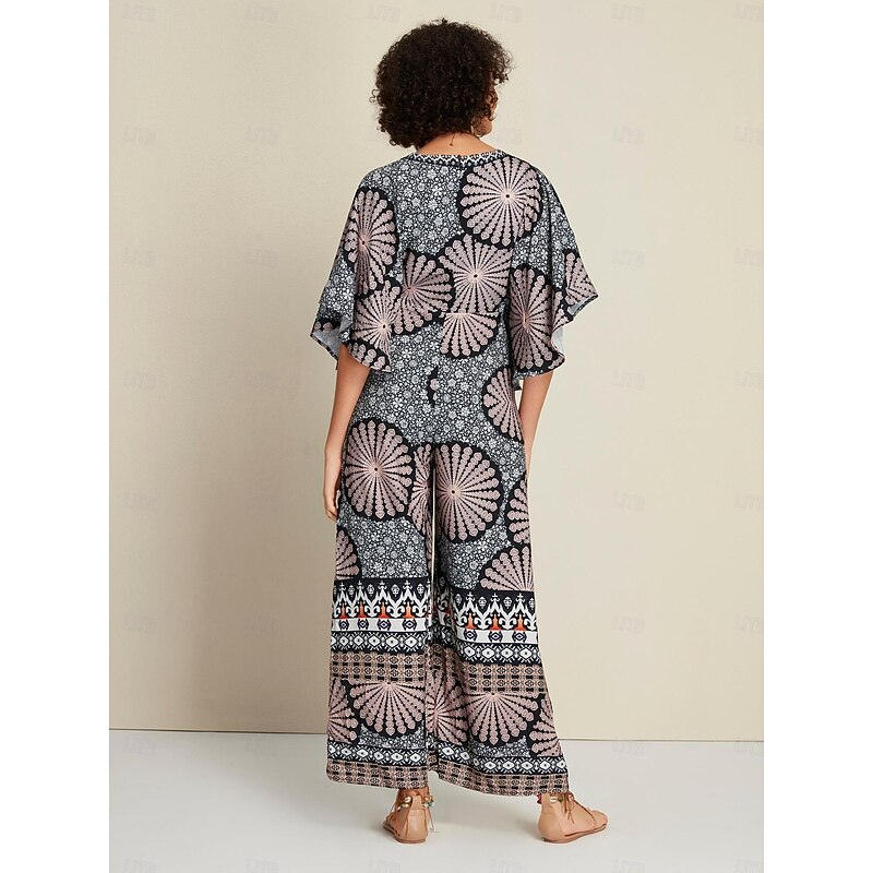 Satin Folk Print Magyar Sleeve Deep V Neck Jumpsuit2