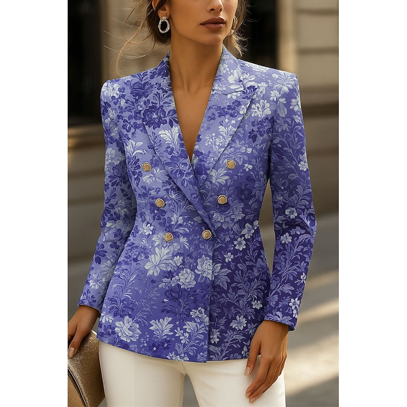 Women's Blazer Warm Comfortable Buttons Vintage Fashion Classic Modern Floral Formal Vacation Home Casual Double Breasted Regular Notch Lapel Regular Fit Long Sleeve Outerwear Blue Purple Green3