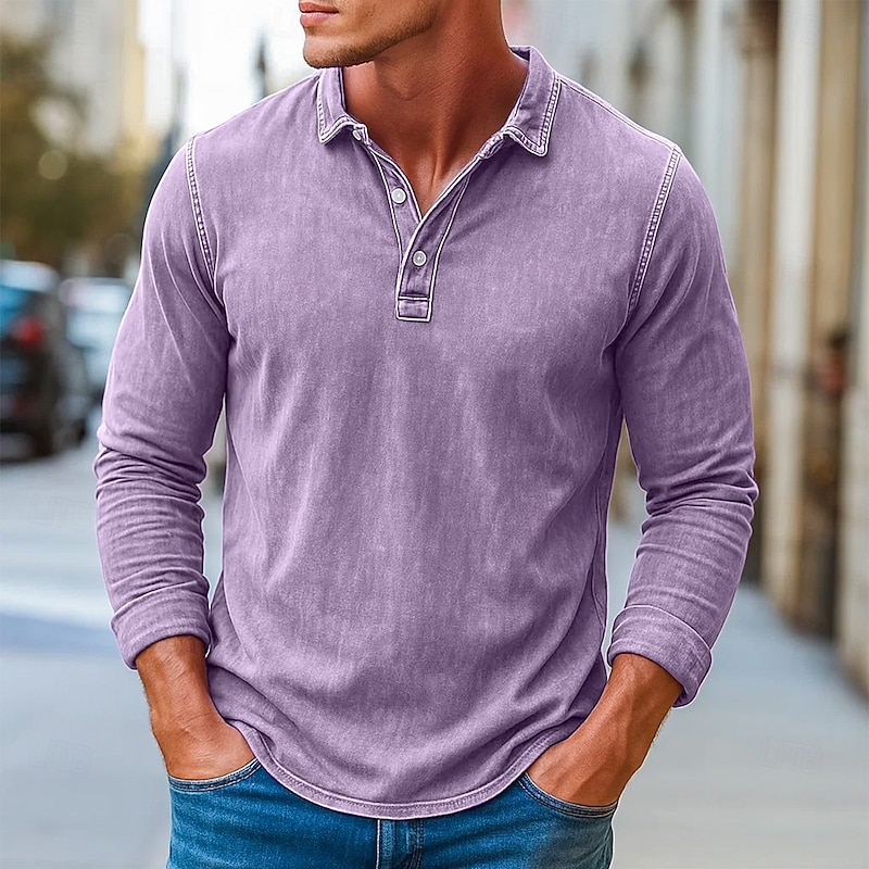 Men's Polo Shirts Golf Polos Shirts Business Casual Lapel Classic Long Sleeve Vintage Solid Color Vintage Style Winter Spring &  Fall All Seasons Regular Fit Black Pink Navy Blue Dark Brown Blue