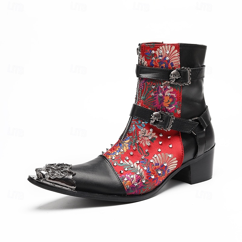 Men's Red Genuine Leather Embroidered Gothic Boots with Double Buckle Straps and Metal Toe Cap, 100% Cowhide Western Ankle Boots for Stage, Parties and Fashion Shows3