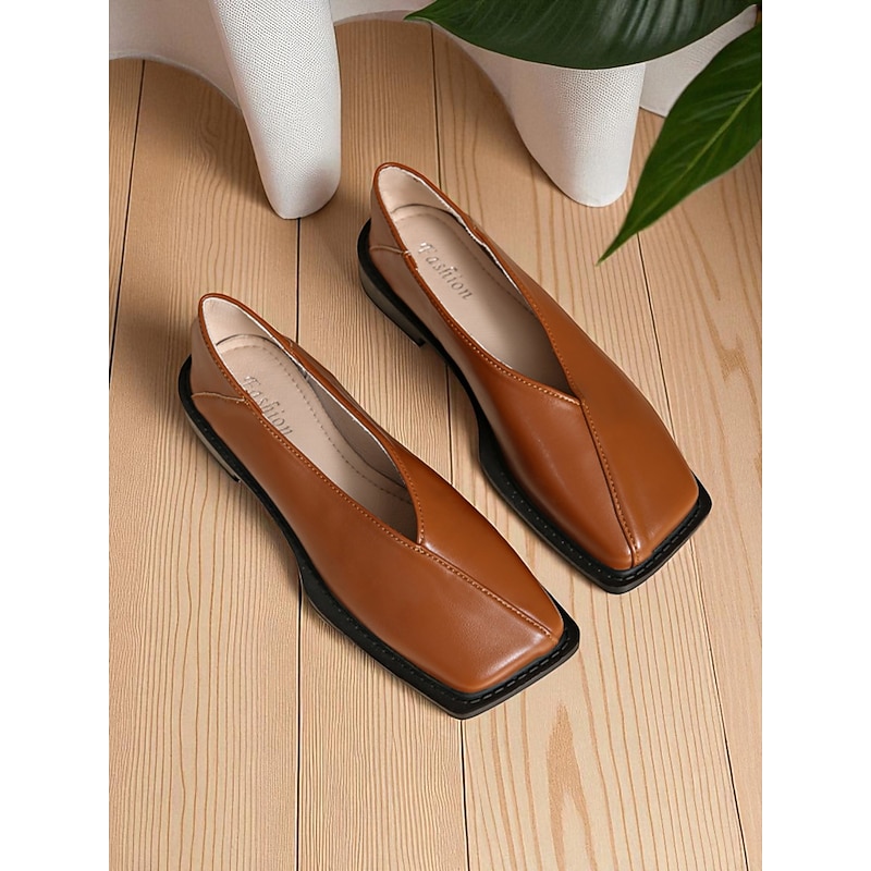 Women's Brown Faux Leather Flats - Fashion Square Toe Slip-On Loafers for Office, Casual Wear & Daily Comfort