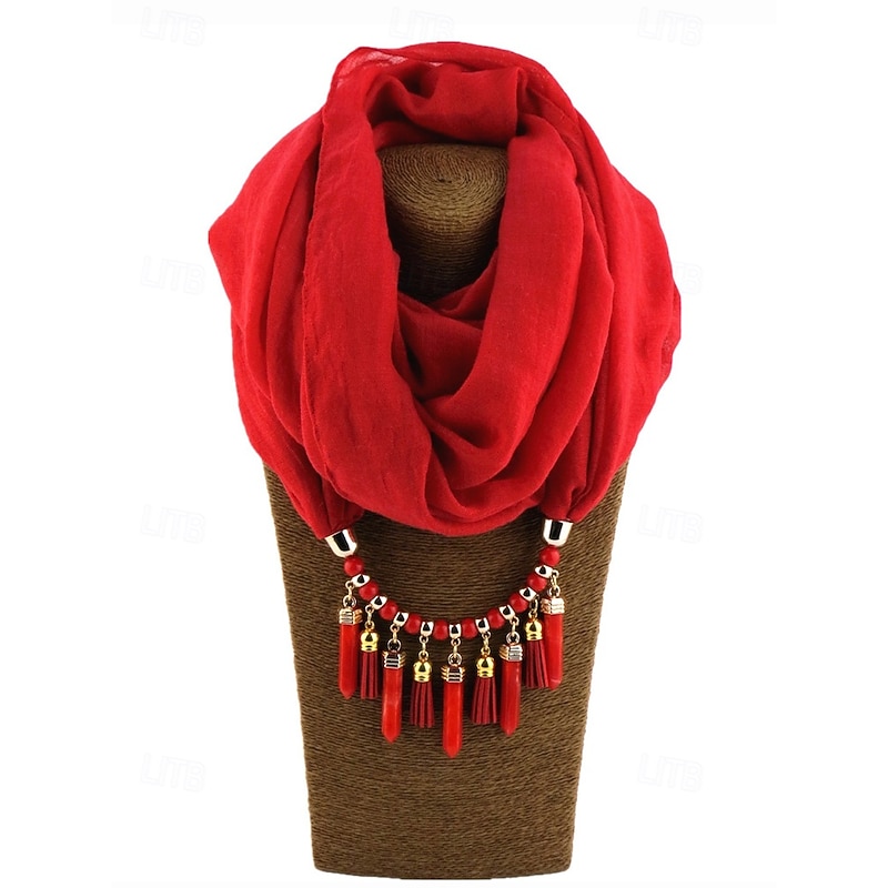 Women's Soft Scarf Necklace with Tassel and Beaded Pendant, Elegant Multi-Color Christmas Accessory for Winter Outfits & Holiday Parties3