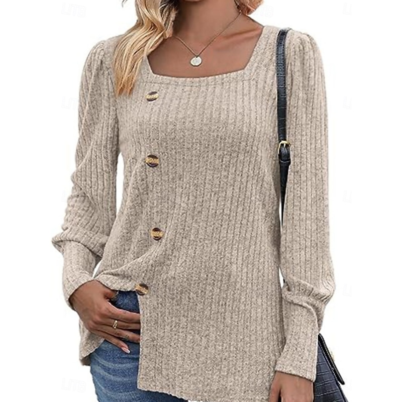 Women's Blouse Solid Color Stylish Casual Long Sleeve Square Neck Regular Tops Daily Buttons Black Army Green Blue Brown Apricot Summer Spring Fall Winter3