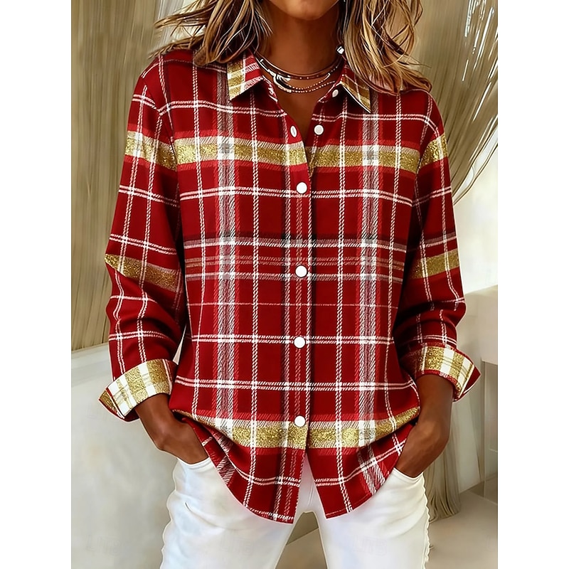 Christmas Women's Shirt Blouse Graphic Geometric Plaid Vintage Classic Casual Long Sleeve Shirt Collar Regular Tops Daily Patchwork Buttons Print Yellow Red Green Summer Spring Fall Winter