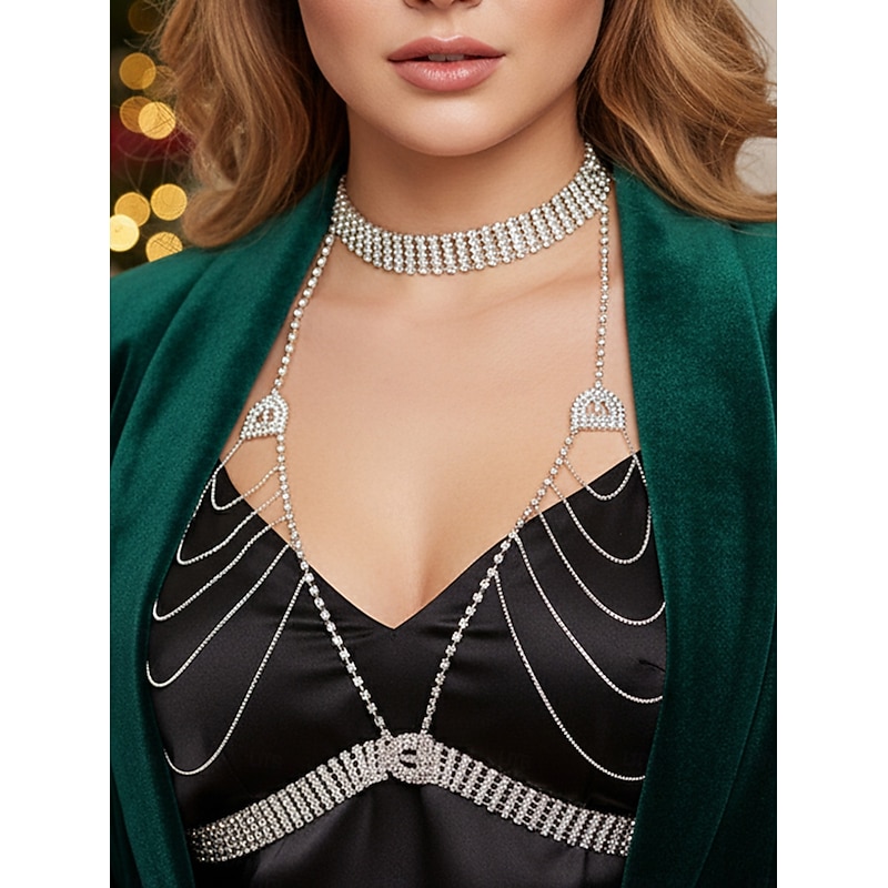 Women's Silver Rhinestone Body Chain Harness, Sparkling Crystal Choker Jewelry Top for Evening Gala, Prom & Party Outfits