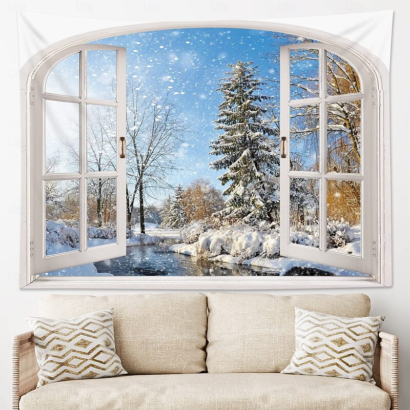 Chrismas Hanging Tapestry Snowy Window View Winter Landscape Large Wall Art Mural Decor Blanket Curtain Holiday Home Bedroom Living Room Festive Party Decoration4