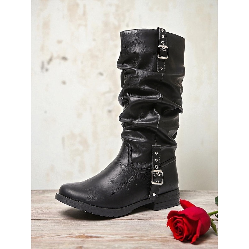 Women's Black Ruched Mid-Calf Boots – Stylish Buckled Slouchy Boots for Date Nights and Casual Street Fashion