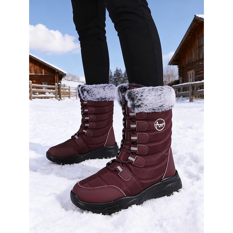 Women's Burgundy Mid-Calf Winter Snow Boots with Faux Fur Trim, Waterproof Insulated Outdoor Boots for Hiking, Skiing & Cold Weather3