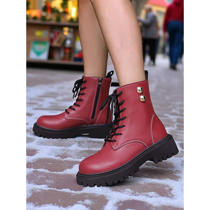 Women's Green Crocodile Print Combat Boots – Trendy Lace-Up Ankle Boots for Street Style, Outdoor and Fall Fashion3