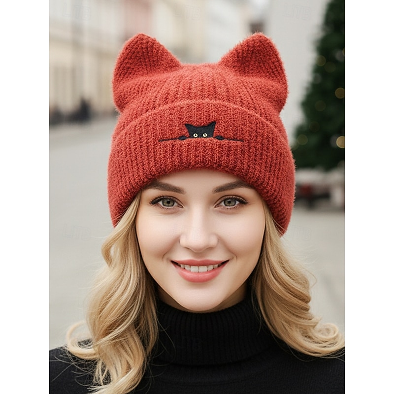 Women's Fuzzy Knit Cat Ear Beanie Hat, Cute Winter Warm Cap with Black Cat Embroidery, Stylish Christmas Gift for Girls & Women
