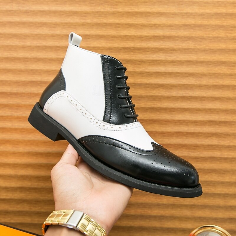 Men's Black and White Oxford Ankle Boots with Wingtip Design, Two-Tone Formal Dress Shoes for Gatsby Parties, Stage Performances and Office Wear4
