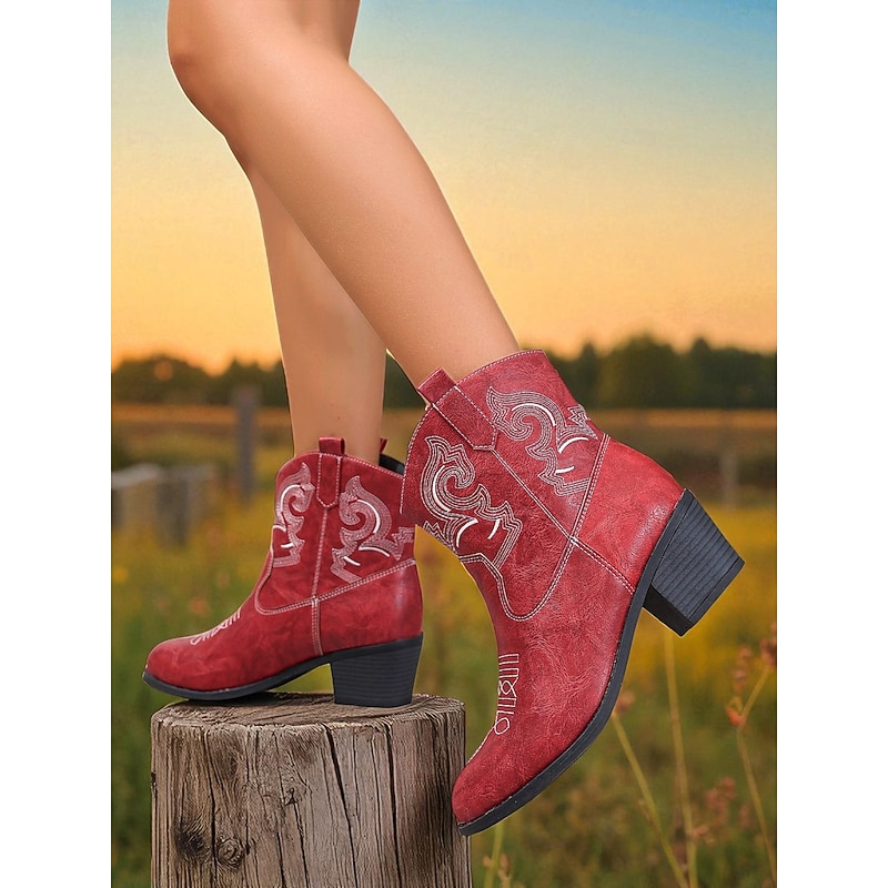 Women's Red Faux Leather Western Cowboy Ankle Boots with Embroidered Stitching, Chunky Low Heel Rodeo Booties for Casual Outfits & Country Concerts
