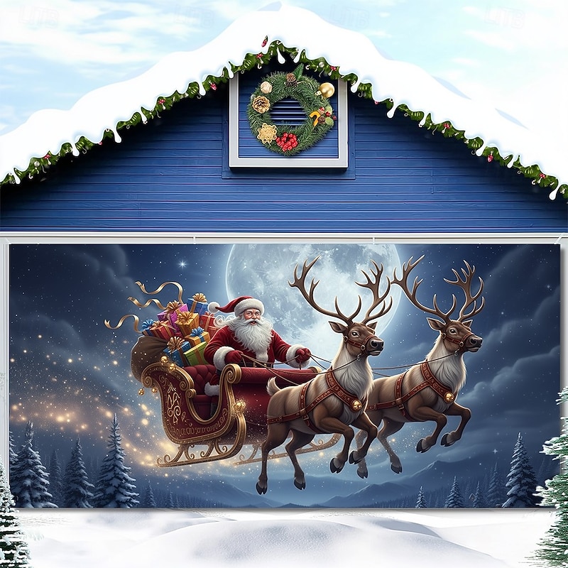 Christmas Garage Door Cover Santa Claus with Reindeer under Moonlight Large Hanging Backdrop Outdoor Holiday Wall Banner Yard Home Festive Seasonal Christmas Party Decoration