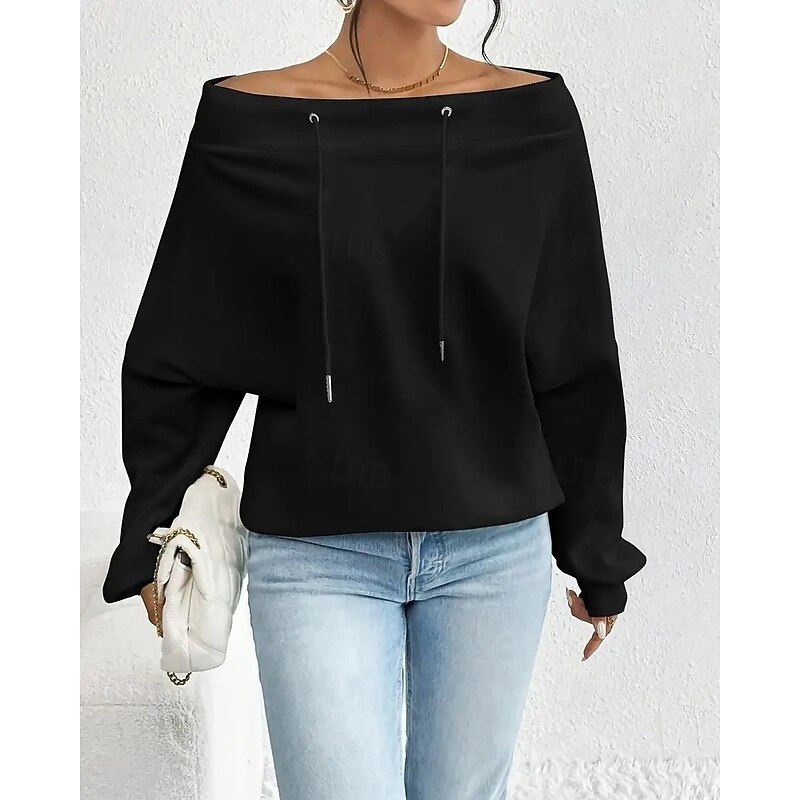 Women's Pullover Sweatshirts Plain Streetwear Casual Long Sleeve Off Shoulder Regular Tops Street Dailywear Casual Drawstring Black White Light Grey Spring Fall2