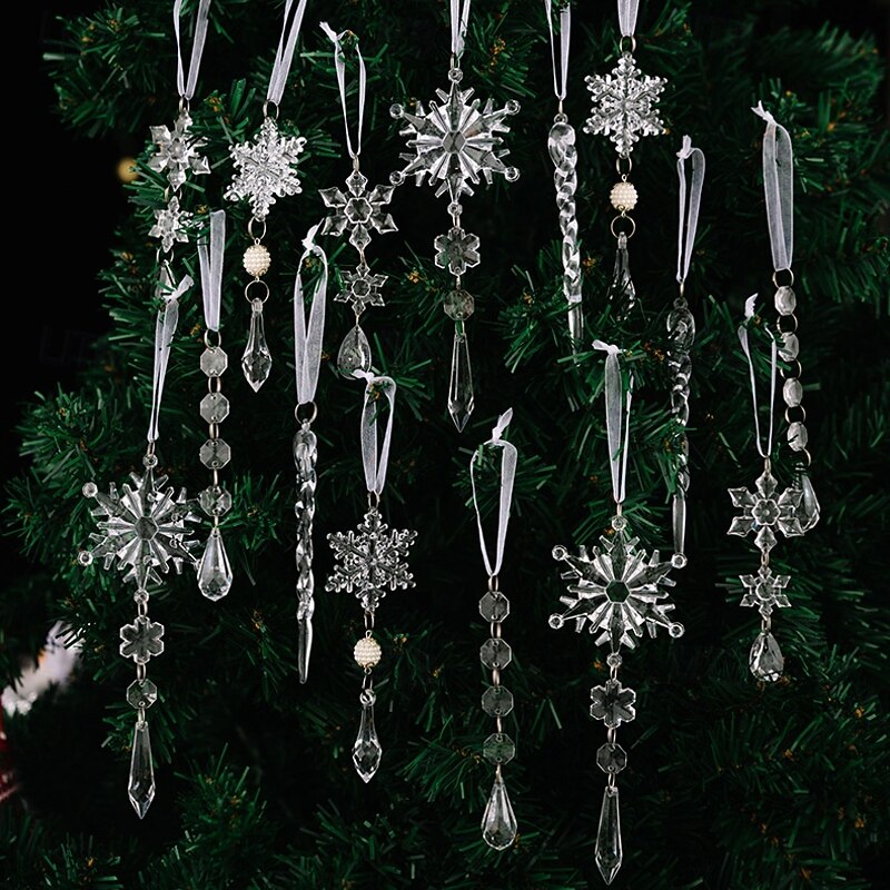 15pcs Christmas Crystal Hanging Ornaments, Transparent Acrylic Icicle and Snowflake Decorations for Xmas Tree, Holiday Home Decor