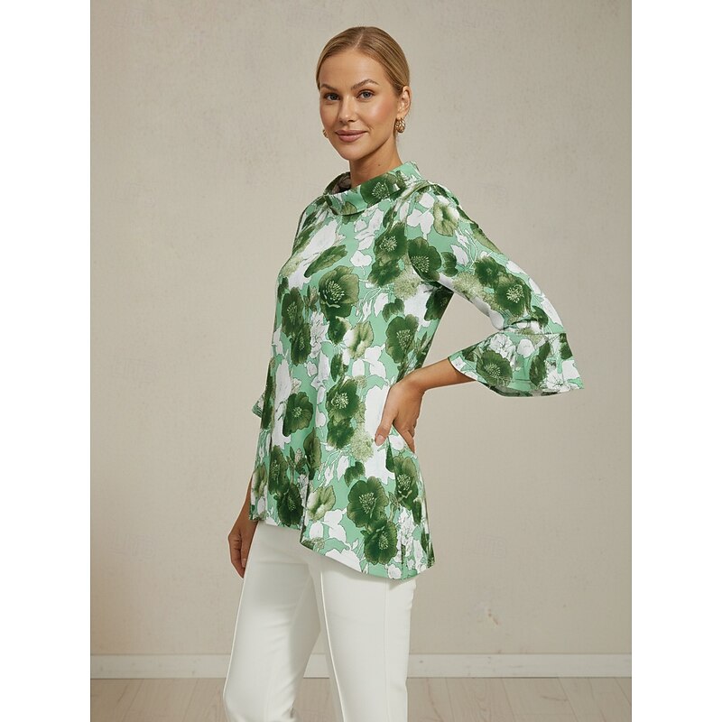 Women's Blouse Green Floral Print Off Shoulder Patchwork 3/4 Sleeve Casual Elegant Spring Summer2