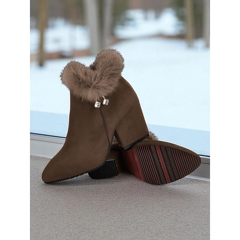 Women's Brown Faux Suede Block Heel Ankle Boots with Plush Fur Collar and Rhinestone Charm - Warm Winter Dress Boots for Work and Holiday2