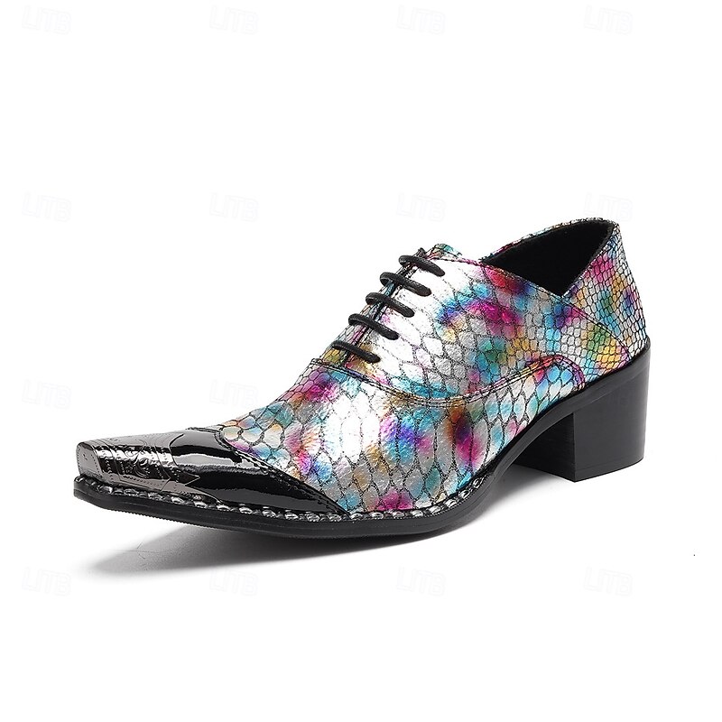 Men's Iridescent Genuine Leather Oxford Shoes with Crocodile Pattern and Pointed Toe, Cowhide Dress Shoes for Stage, Parties and Fashion Events2