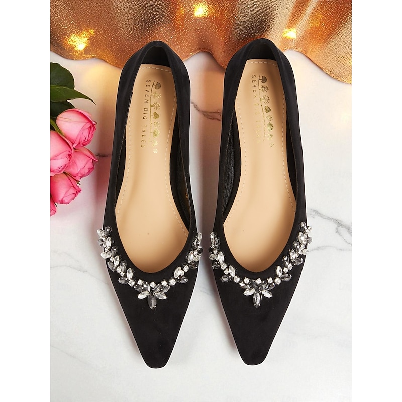Women's Black Suede Pointed Toe Flats with Rhinestone Embellishments, Elegant Dress Shoes for Cocktail Parties & Evening Events