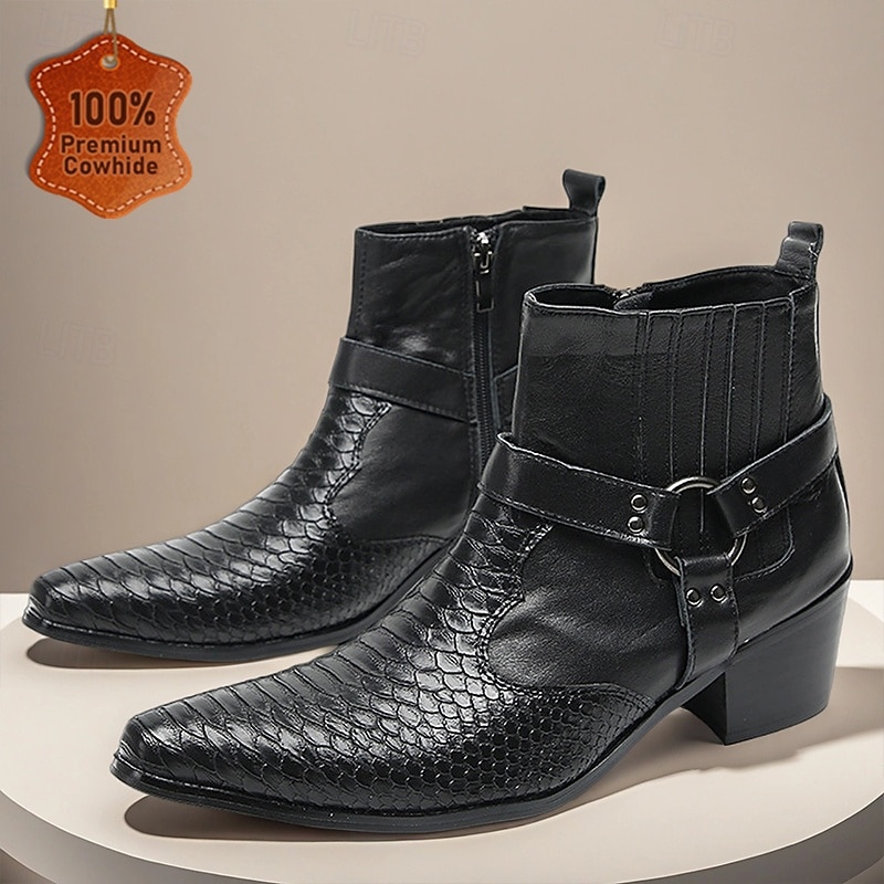 Men's Black Genuine Leather Harness Boots with Crocodile Pattern and Block Heel, Cowhide Motorcycle Cowboy Boots for Stage, Club and Gothic Fashion