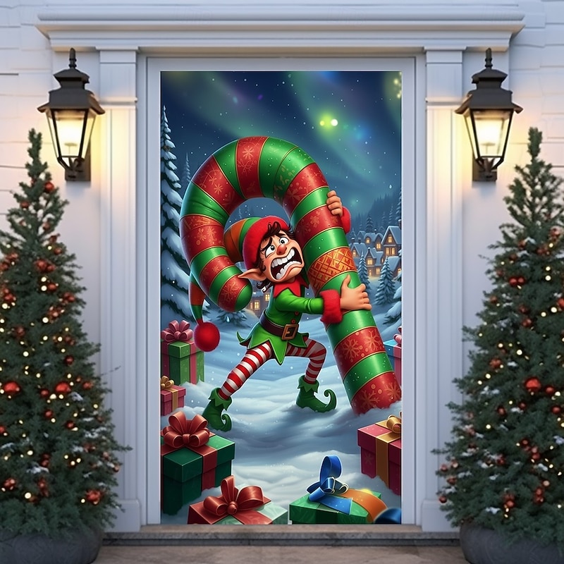 Christmas Door Cover Winter Holiday Decoration Drapes with Christmas Elf Reindeer Cozy Holiday Cabin and Christmas Tree Print for Home Entryway Living Room Bedroom Indoor Outdoor