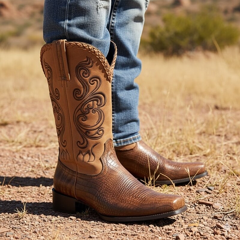 Men's Western Cowboy Boots – Brown Faux Leather with Embroidered Patterns and Crocodile Texture for Vintage Style 6