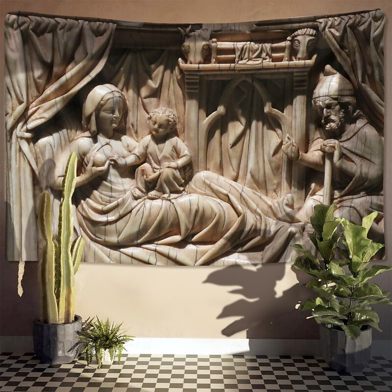 Christmas Hanging Tapestry Nativity Scene Medieval Carving Style Jesus Birth Large Wall Art Mural Decor Blanket Curtain Holiday Home Bedroom Living Room Religious Celebration Decoration4