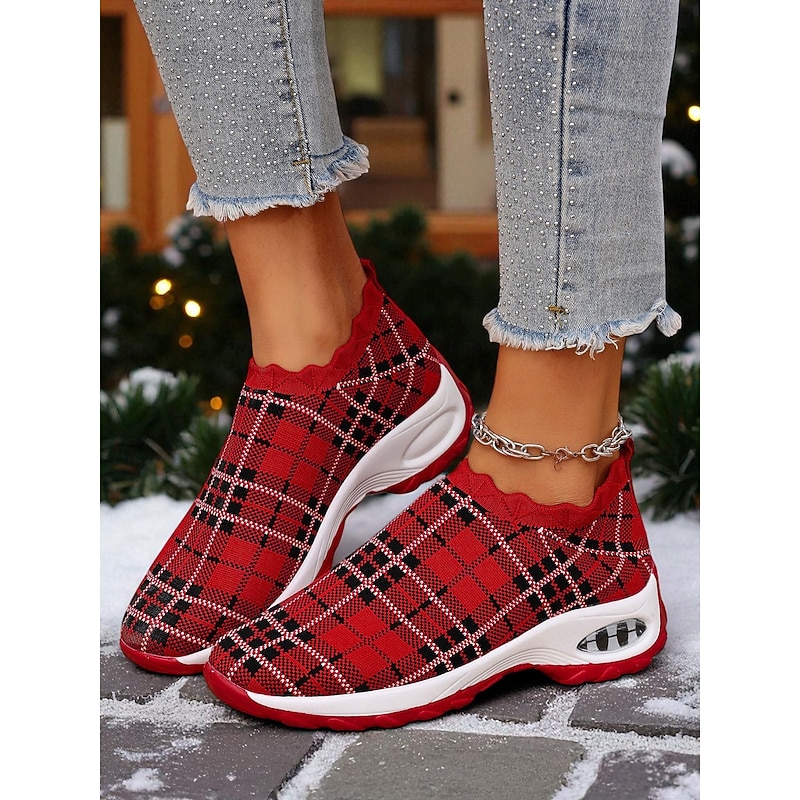 Women's Red Plaid Slip-On Sneakers with Air Cushion Sole, Comfortable Lightweight Casual Shoes for Christmas, Walking and Travel