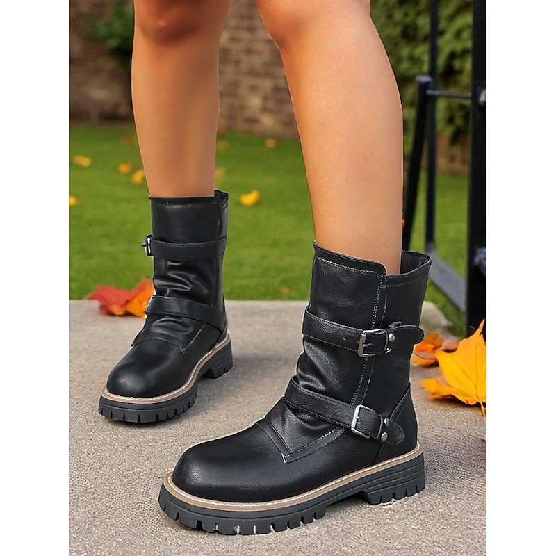 Women's Dark Brown Faux Leather Mid-Calf Boots with Buckle Straps and Chunky Non-Slip Sole, Stylish Outdoor Motorcycle Combat Boots for Fall & Winter Casual Wear