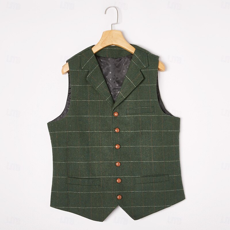 Men's Retro Vintage Vest Herringbone Tailored Fit Notch Single Breasted More-button Blue Green Khaki 20232