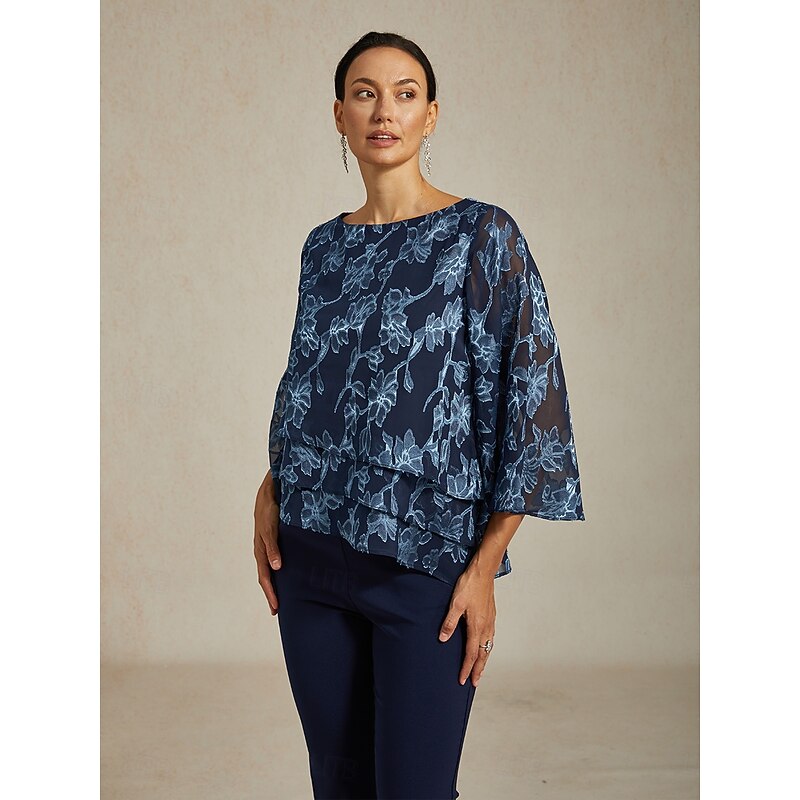 Women's Blouse Chiffon Tops Floral Elegant Stylish Casual Crew Neck Regular Tops Wedding Guest Date Night Outfits Cocktail Attire Lace Navy Blue Spring Fall Winter