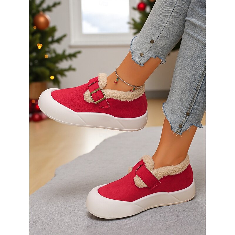 Women's RedFaux Suede  Wide Fit Slip-On Shoes with Warm Plush Lining and Buckle Detail, Cozy Winter Casual Footwear for Indoor & Outdoor Wear4