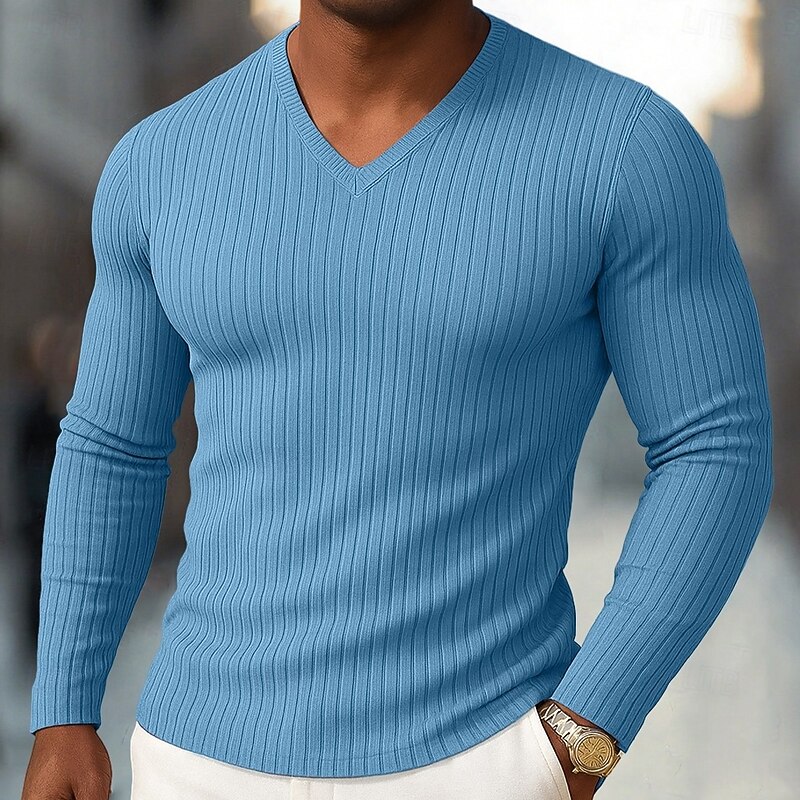 Men's T Shirt Muscle Shirt Ribbed Knit tee Tee Top Long Sleeve V Neck Spring Fall Winter Plain Pit Strip Fashion Designer Basic Knitting Vacation Street Casual Black Blue Purple Top Tee for Men2