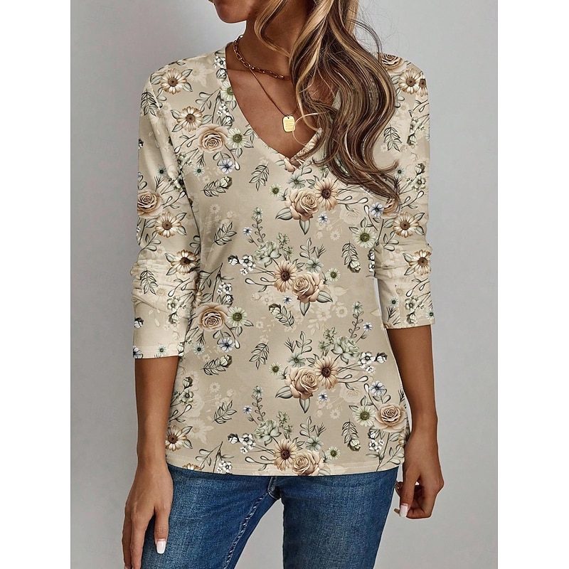 Women's T Shirt Floral Graphic Plants Vintage Stylish Classic Long Sleeve V Neck Regular Tops Daily Print Khaki Spring Fall