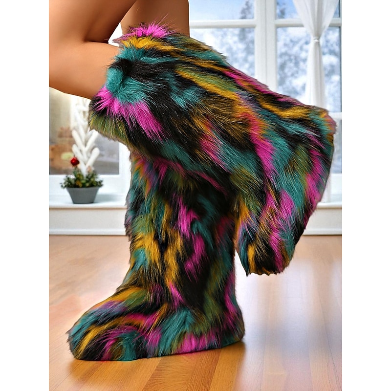 Women's Multicolor Faux Fur Festival Boots, Fluffy Rainbow Knee-High Snow Boots for Rave, Party & Winter Music Festivals2
