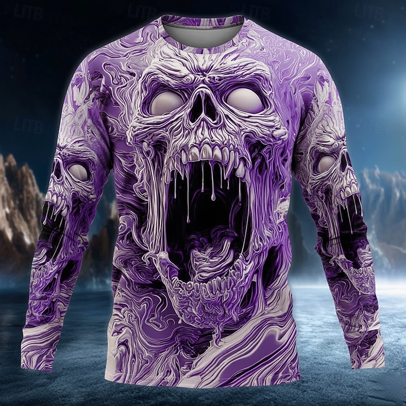 Halloween Men's Skull T Shirt Long Sleeve T shirt 3D Print Crew Neck Shirt Fashion Exaggerated Street Casual Daily Red Blue Purple Summer Spring Fall Clothing Apparel S M L XL XXL XXXL2