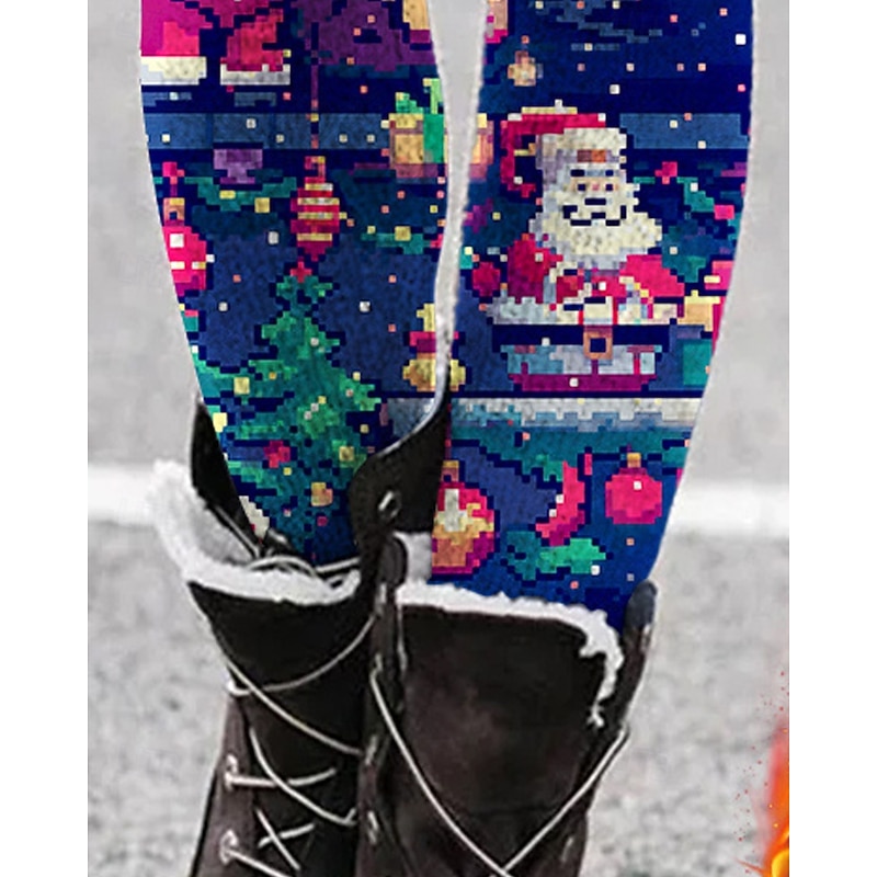 Women's Leggings Cozy Leggings Fashion Streetwear Basic Full Length High Waist Pants Christmas Graphic Santa Claus Printing Fleece Thermal Warm Comfy Stretchy Outdoor Casual Daily Deep Blue Fall3