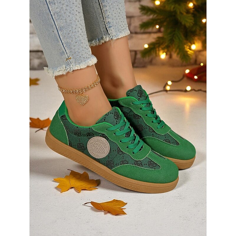 Women's Green Lace-Up Casual Sneakers with Printed Pattern and Gum Sole, Comfortable Fashion Sports Shoes for Christmas, Daily Wear & Street Style