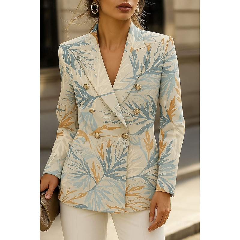 Women's Blazer Windproof Warm Buttons Formal Floral Casual Holiday Going out Casual Daily Regular Notch Lapel Regular Fit Long Sleeve Outerwear Pink Blue Beige Spring Fall