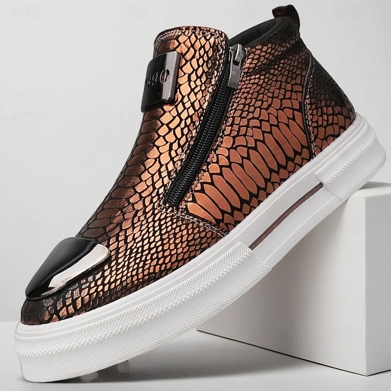 Men's Bronze Snakeskin Pattern Slip-On Sneakers with Side Zipper, Fashion Metallic Street Shoes for Club, Party and Urban Casual Wear
