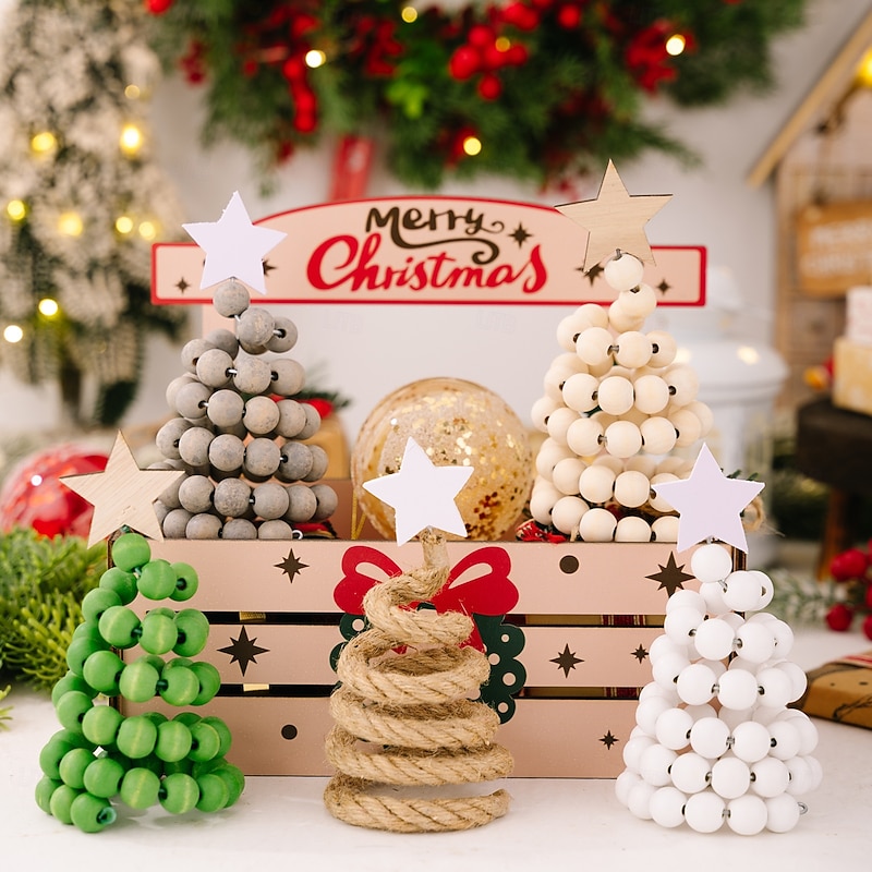 1pc Christmas Wood Bead Tree, Creative Nordic Wooden Xmas Tree Desktop Ornament, Holiday Table Decoration2