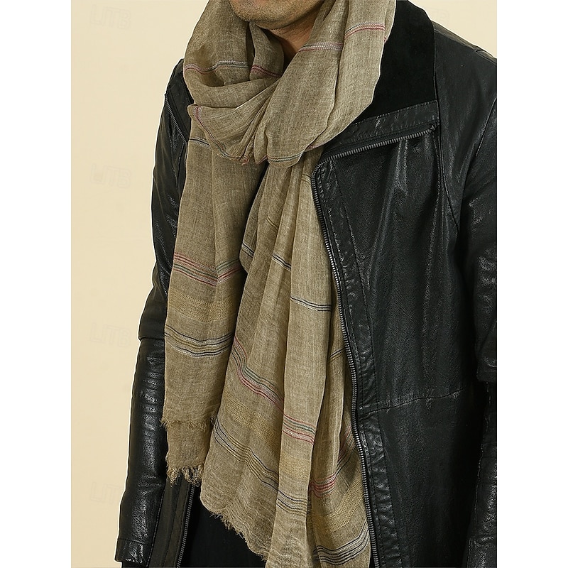 Men's Lightweight Striped Cotton Scarf – Casual Vintage Style Soft Fringed Shawl for Autumn Winter Outdoor Travel and Daily Wear2